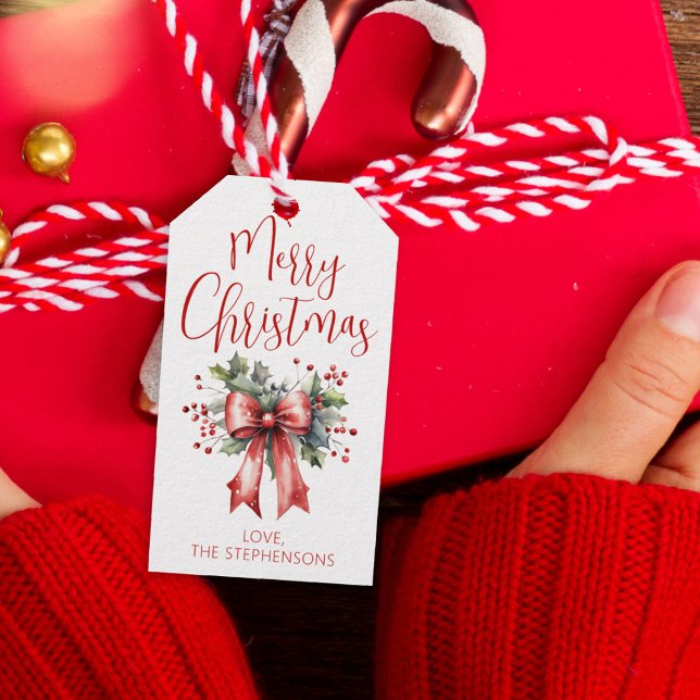 Moderne frohe Weihnachtsschrift Holly Bow Name Geschenkanhänger (Von Creator hochgeladen)