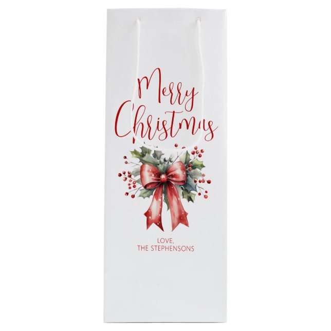 Moderne frohe Weihnachtsschrift Holly Bow Name Geschenktüte Für Weinflaschen (Vorderseite)