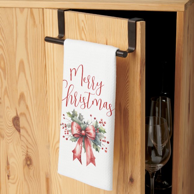 Moderne frohe Weihnachtsschrift Red Bow Geschirrtuch (Drittel gefaltet)