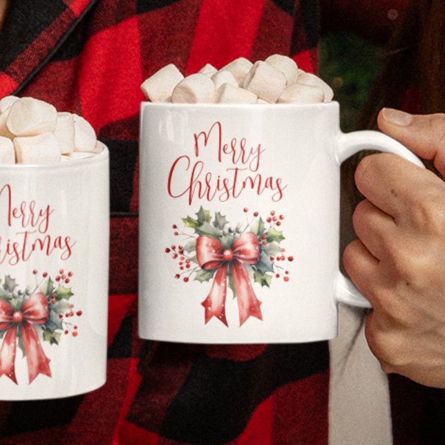 Moderne frohe Weihnachtsschrift Red Bow Kaffeetasse (Von Creator hochgeladen)