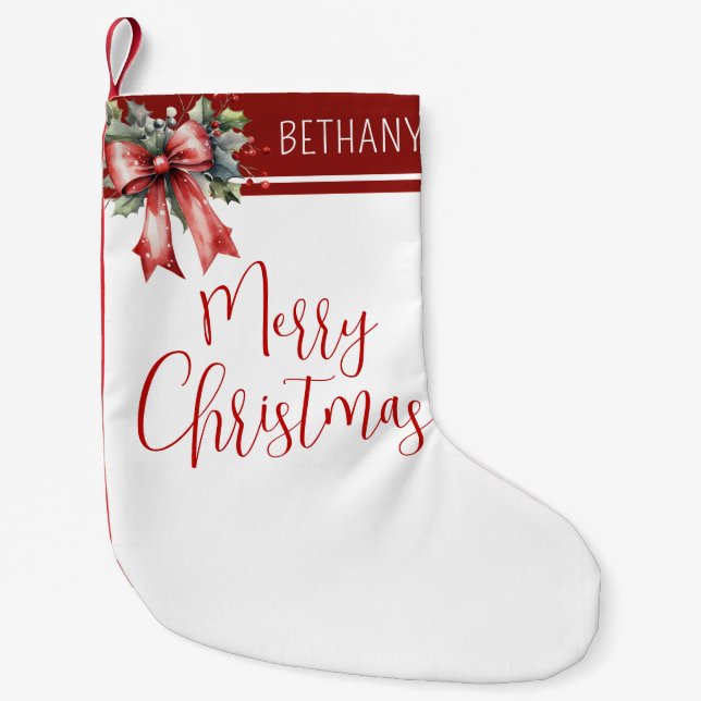 Moderne frohe Weihnachtsschrift Red Bow Name Kleiner Weihnachtsstrumpf (Vorderseite)