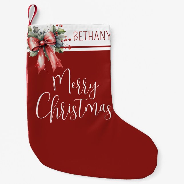 Moderne frohe Weihnachtsschrift Red Bow Name Kleiner Weihnachtsstrumpf (Vorderseite)