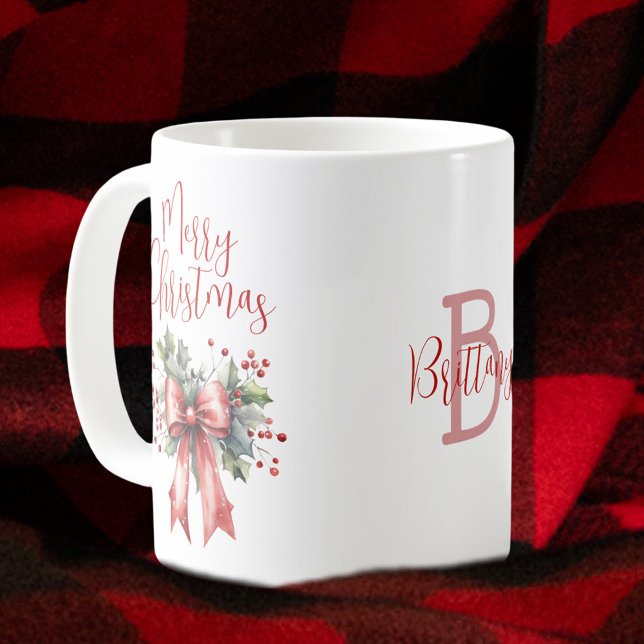 Moderne frohe Weihnachtsschrift Red Bow Personalis Kaffeetasse (Von Creator hochgeladen)