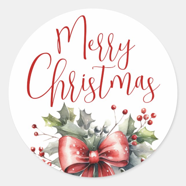 Moderne frohe Weihnachtsschrift Red Bow Runder Aufkleber (Vorderseite)