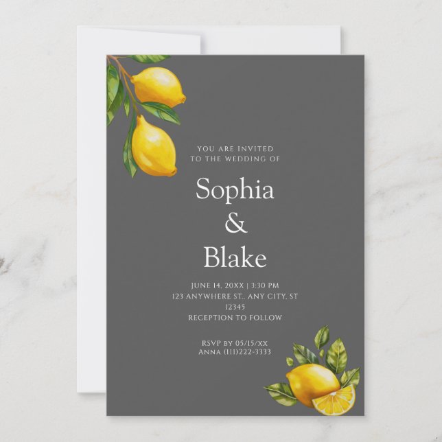 Moderne Frühjahr Themed Lemon Citrus Gray Hochzeit Einladung (Vorderseite)