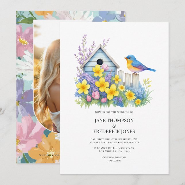 Moderne Frühlingsblumen-Hochzeitsfoto und QR-Code Einladung (Vorne/Hinten)