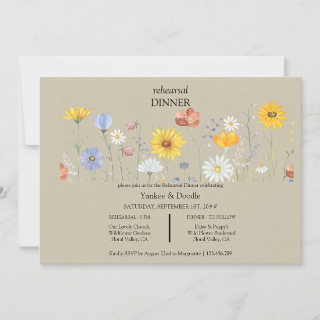 Moderne Frühlingshochzeit mit Wildblumen - Abendes Einladung (Vorderseite)