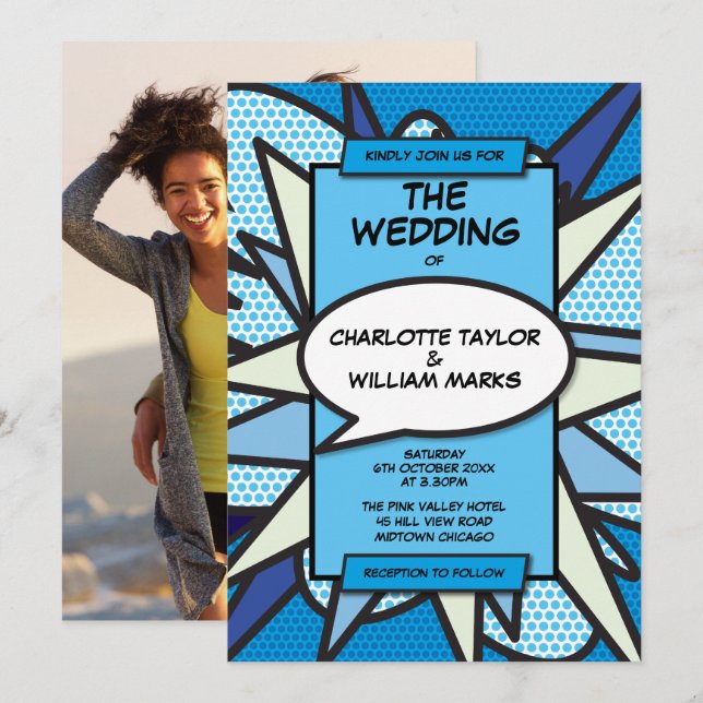 Moderne Fun Blue Comic Book Foto Hochzeit Einladung (Vorne/Hinten)