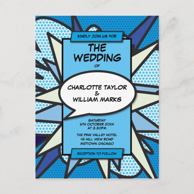 Moderne Fun Blue Comic Book Wedding Einladungspostkarte (Vorderseite)