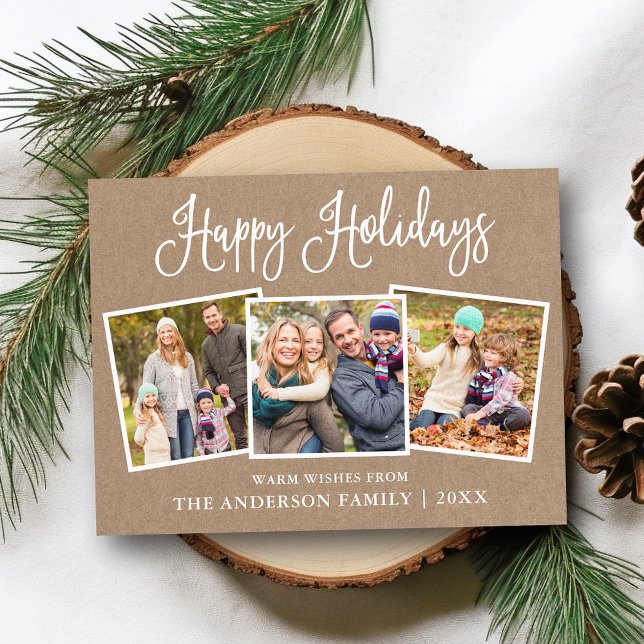Moderne Fun Calligraphie 3 Foto Kraft Holiday Postkarte (Customize to change your personalized text size or text style.)
