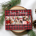 Moderne Fun Calligraphie 3 Fotos Kariert Urlaub Postkarte<br><div class="desc">Modern Fun Calligraphy Script Happy Holidays 3 Foto Holiday Postcard - Rot Kariert</div>