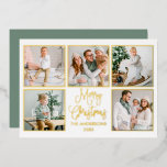 Moderne Fun Calligraphie 5 Foto Sage Green Gold Folien Feiertagskarte<br><div class="desc">Modern Fun Calligraphy Gold Foil Script 5 Foto Familienfoto Collage Frohe Weihnachtskarte - Ihre Fotos in goldfarbenen Rahmen mit einem Sage Green back</div>