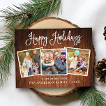 Moderne Fun Calligraphie Holz 3 Foto Urlaub Postkarte<br><div class="desc">Modern Fun Calligraphy Script Happy Holidays Family 3 Foto Postcard - Rustikales Landholz</div>