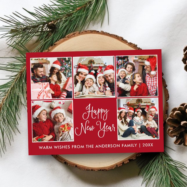 Moderne Fun Calligraphie Rot 5 Foto Neues Jahr Postkarte (Customize to change your personalized text size or text style.)