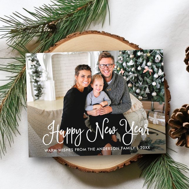Moderne Fun Calligraphy Happy New Year Family Foto Postkarte (Customize to change your personalized text size or text style.)