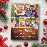 Moderne Fun Calligraphy Holz 4 Foto Urlaub Postkarte<br><div class="desc">Modern Fun Calligraphy Script Happy Holidays 4 Foto Holiday Postcard - Rustic Country Wood</div>