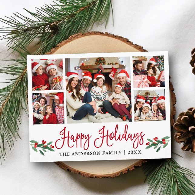 Moderne Fun Calligraphy Red Holly 5 Foto Holiday Postkarte (Customize to change your personalized text size or text style.)
