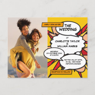 Moderne Fun Foto Comic Hochzeit Einladungspostkarte