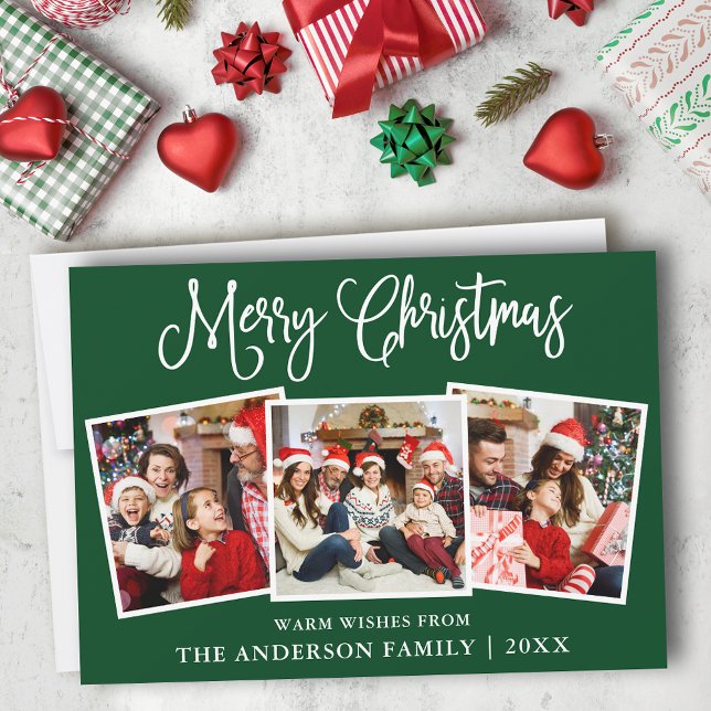 Moderne Fun Kalligrafie Weihnachten 3 Foto Grün (Customize to add text to back of card or to change background color of card.)