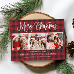 Moderne Fun Kalligrafie Weihnachten 3 Foto Kariert Postkarte<br><div class="desc">Modern Fun Calligraphy Script Frohe Weihnachten 3 Foto Urlaubskarte - Rot Kariert</div>
