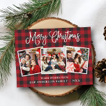 Moderne Fun Kalligrafie Weihnachten 3 Fotos Karier Postkarte<br><div class="desc">Modern Fun Calligraphy Script Frohe Weihnachten 3 Foto Urlaubskarte - Rot Kariert</div>