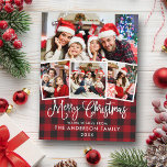 Moderne Fun Kalligrafie Weihnachten 4 Foto Kariert Postkarte<br><div class="desc">Modern Fun Calligraphy Script Frohe Weihnachten 4 Foto Urlaubskarte - Rote Karierte</div>