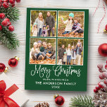 Moderne Fun Kalligrafie Weihnachten Grün 4 Foto Postkarte<br><div class="desc">Modern Fun Calligraphy Script Frohe Weihnachten 4 Foto Ferien Postcard - Forest Green Background</div>