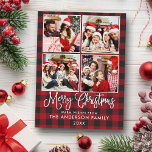Moderne Fun Kalligrafie Weihnachten Kariert 4 Foto Postkarte<br><div class="desc">Modern Fun Calligraphy Script Frohe Weihnachten 4 Foto Urlaubskarte - Rote Karierte</div>