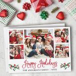 Moderne Fun Red Calligrafy 5 Foto Feiertagskarte<br><div class="desc">Modern Fun Calligraphy Script 5 Foto Family Foto Collage Happy Holidays Card beinhaltet Watercolor Christmas Holly Berries - Red</div>