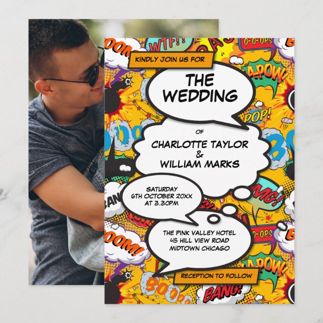 Moderne Fun Typografy Foto Comic Book Wedding Einladung (Vorne/Hinten)