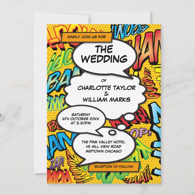Moderne Fun Typographic Comic Book Wedding Einladung (Vorderseite)