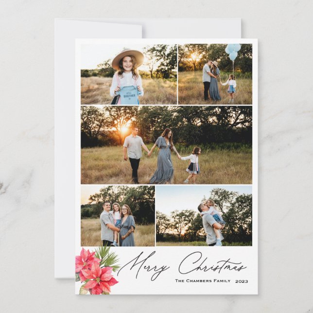 Moderne fünf Foto Frohe Weihnachten Poinsettia (Vorderseite)