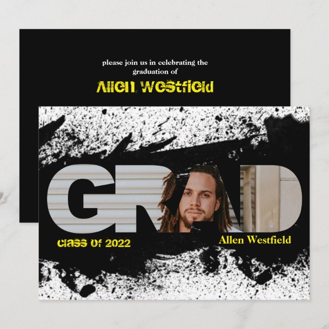 Moderne Funky Black Splat GRAD Photo Invitation (Devant / Derrière)