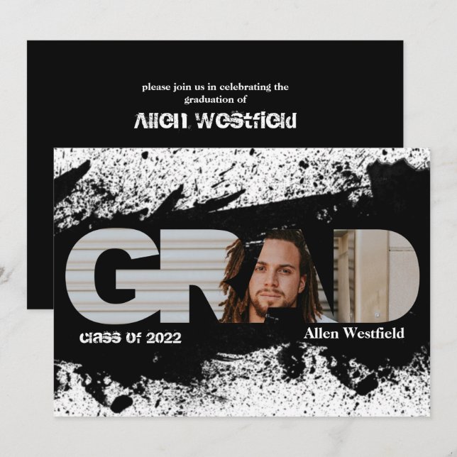 Moderne Funky Black Splat GRAD Photo Invitation (Devant / Derrière)