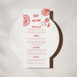 Moderne Funky Retro Bold Red Wedding Menükarte<br><div class="desc">Unser handgezeichnetes Hochzeitsmenü ist wahrlich *Koch kiss*. Dieses Design zeichnet sich durch eine lustige und eklektische Typografie aus,  die die natürliche Handschrift nachahmt,  mit maßgeschneiderten Illustrationen,  die perfekt für die Darstellung Ihres Empfang- und Abendessen-Party geeignet sind. Diese Version enthält fett gedruckte Pop in Rot.</div>