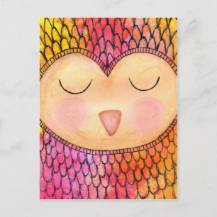 Moderne Funky Sleepy Owl Mixed Media Painting Postkarte