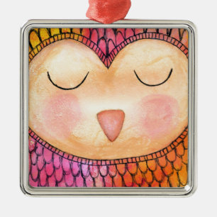 Moderne Funky Sleepy Owl Mixed Media Painting Silbernes Ornament