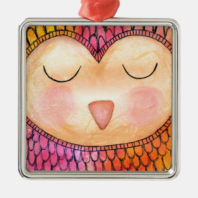 Moderne Funky Sleepy Owl Mixed Media Painting Silbernes Ornament (Vorne)