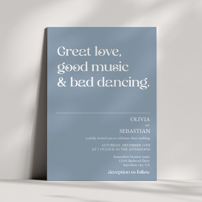 Moderne Funny Minimal Typografie Dusty Blue Weddin Einladung (Von Creator hochgeladen)