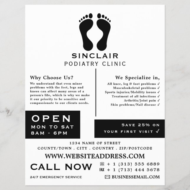 Moderne Fußabdrücke, Podiatrie-Klinik, Podiatrist Flyer (Vorne)