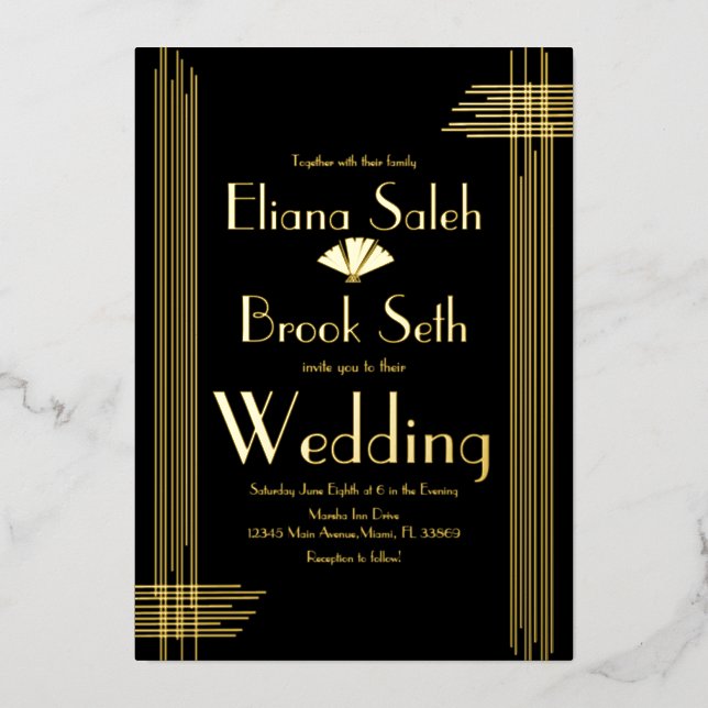 Moderne gabsty Art Deco Gold Wedding Folieneinladung (Vorderseite)