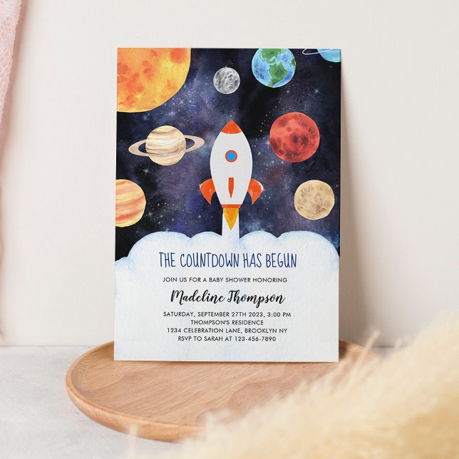 Moderne Galaxy Planets Space Rocket Baby Dusche Einladung (Von Creator hochgeladen)