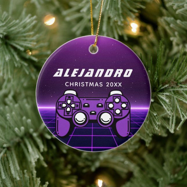 Moderne Gamer Lila Futuristic Gaming Console Name Keramik Ornament (Baum)