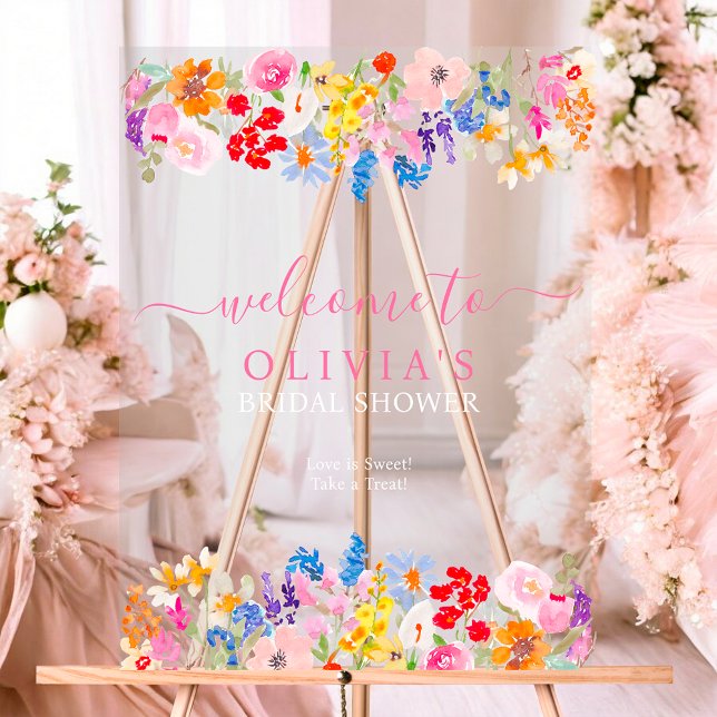 Moderne Gartenanlagen Wildblumen schreiben Begrüßu Acrylschild (Modern garden wildflowers script bridal welcome acrylic sign)