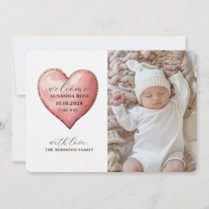 Moderne Geburtsanzeige-Karte mit Babyfoto und Herz Ankündigung