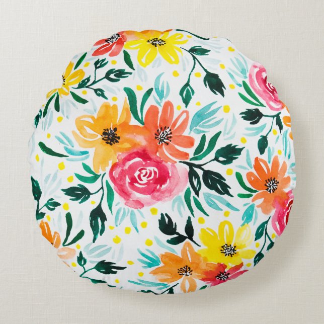 Moderne, gelb rosa Blume Aquarellgestaltung Rundes Kissen (Vorderseite)