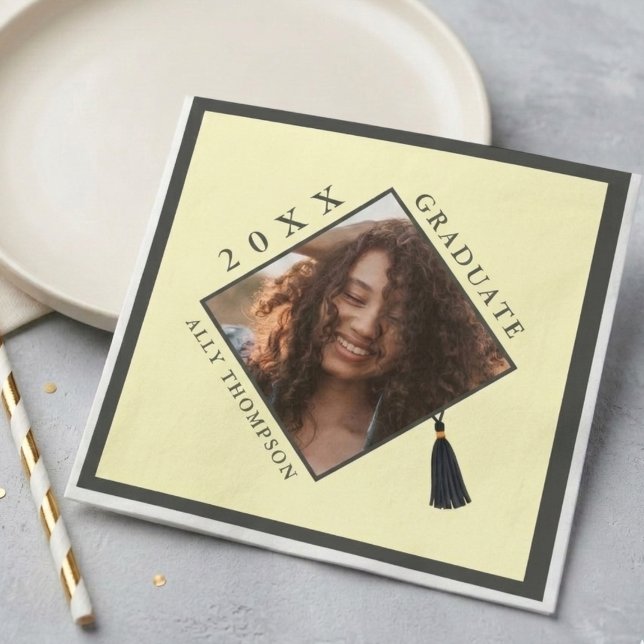 Moderne gelbe Abschlussmütze Foto Serviette (Modern Yellow Graduation Cap Photo Napkins)