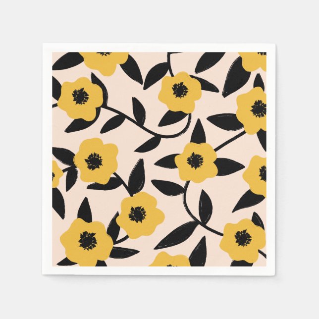 Moderne Gelbe Blumen Schwarzes Blätter Muster Serviette (Vorderseite)