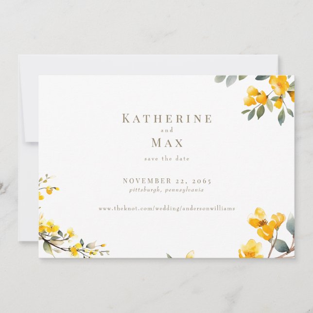 Moderne gelbe Blumenhochzeit rettet das Datum Einladung (Vorderseite)