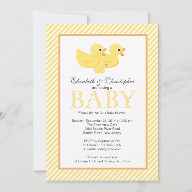 Moderne gelbe Enten-Paar-Babyparty Einladung (Vorderseite)